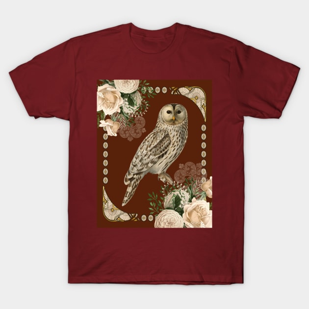 Barn Owl with Ivory Roses in Art Nouveau Influence T-Shirt by allthumbs